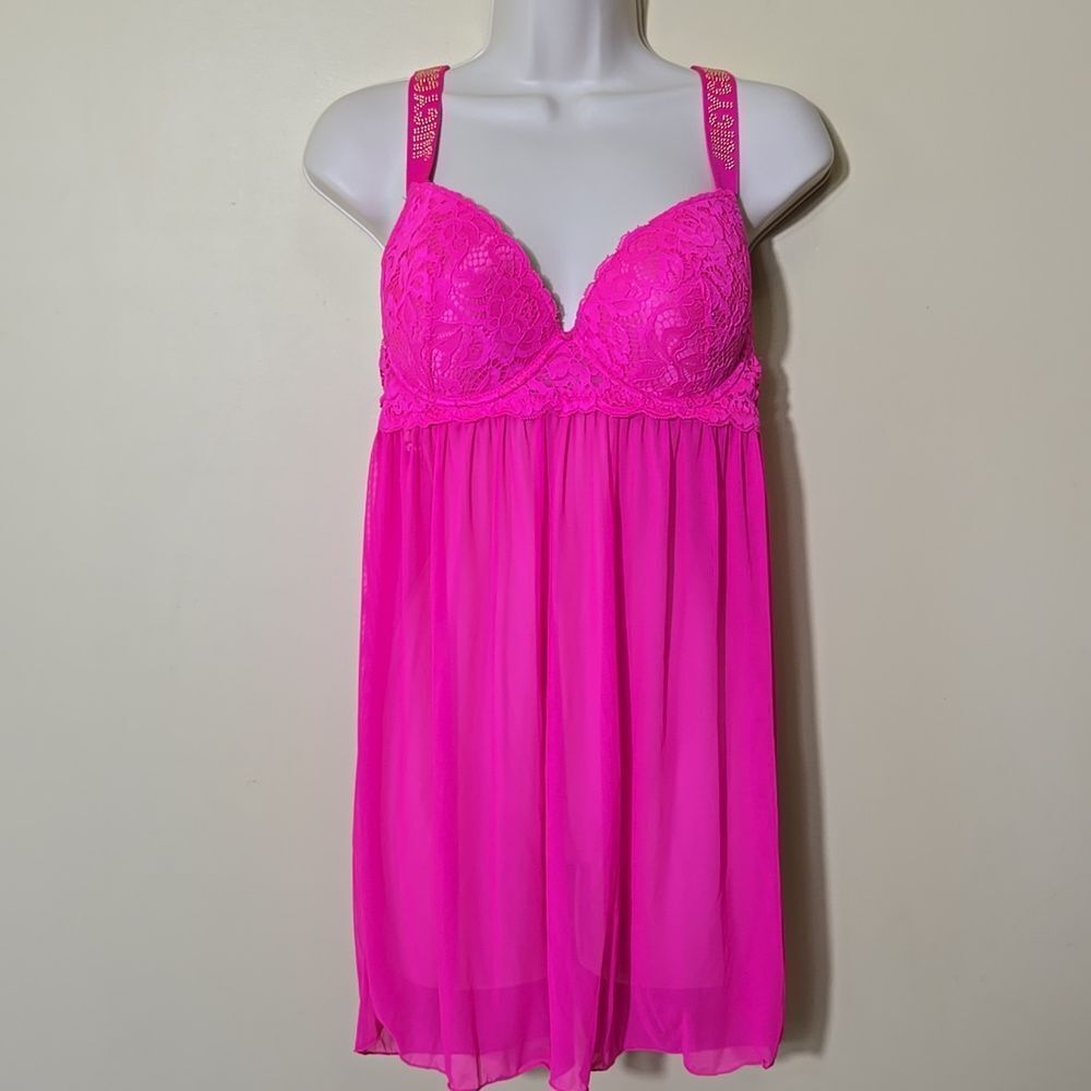 Juicy‎ Couture Lace Mesh Babydoll Y2K Lingerie Size Large Hot Pink Coquette